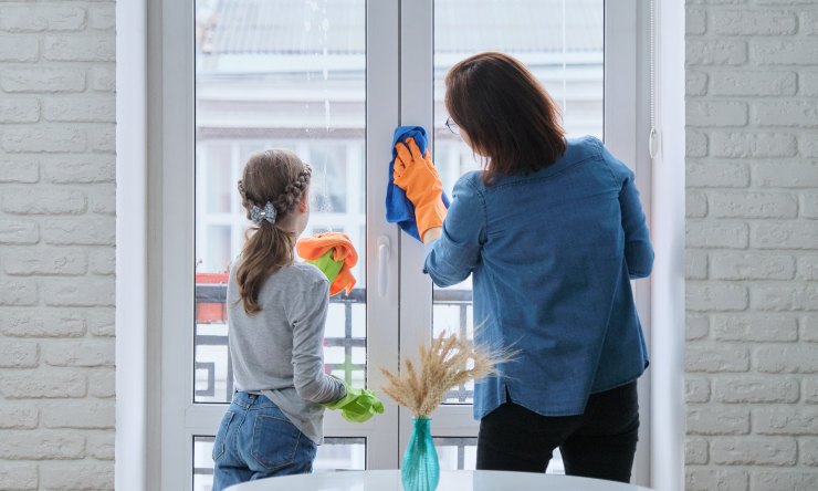 Madre e figlia puliscono i vetri di casa - Interno18.it